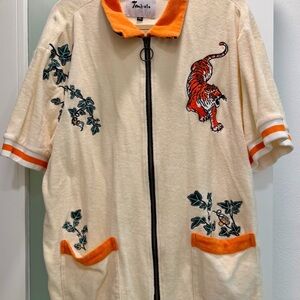 Tombolo Ivory Terry Zip-Up Romper with Orange Trim & Tiger Embroidery